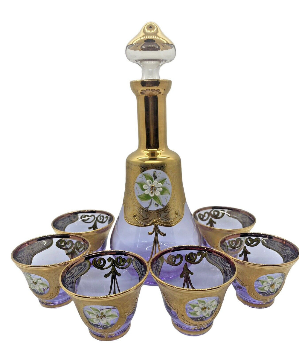 Vintage MCM Lavender Purple Gilded Bohemia Decanter Set W/ 6 Glasses